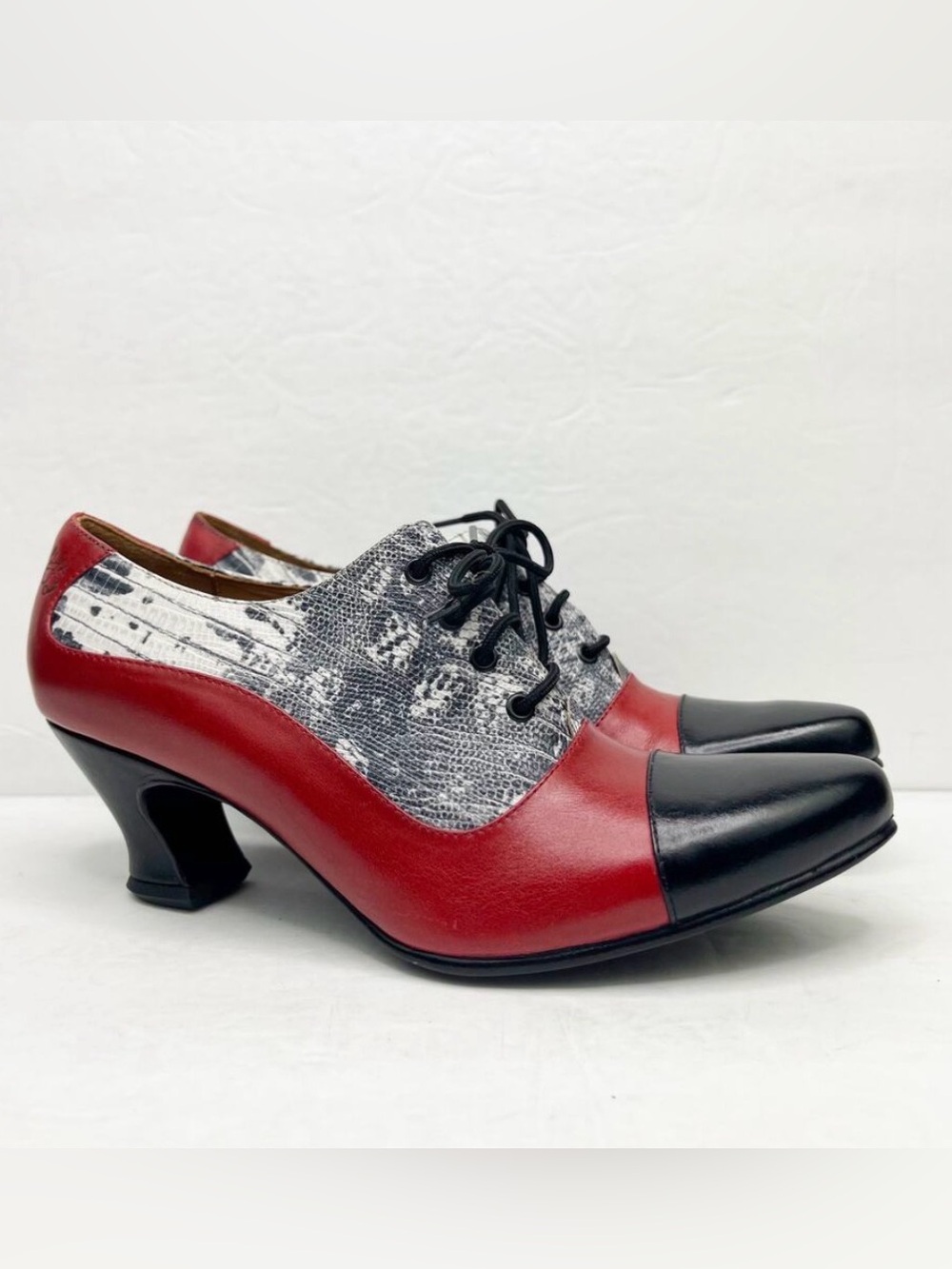 John Fluevog Wonder K2 Two-Toned Oxford Heel Red/Black/Snake Print